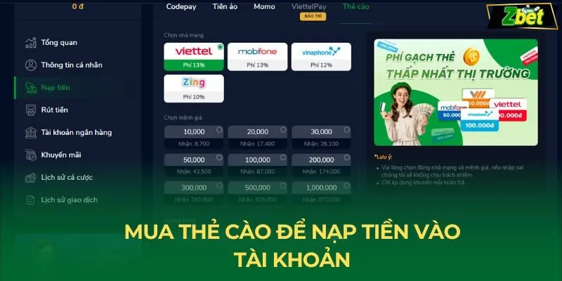 Mua thẻ cào để nạp tiền vào tài khoản